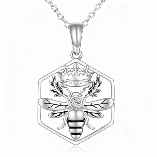 10K White Gold Cubic Zirconia Bee & Crown Pendant Necklace