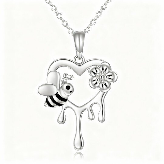 10K White Gold Bee & Daisy & Heart Pendant Necklace