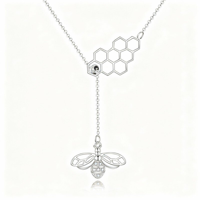Colar em Y fixo com desenho de abelha e favo de mel em ouro branco de 10 quilates com zircónias cúbicas.-19