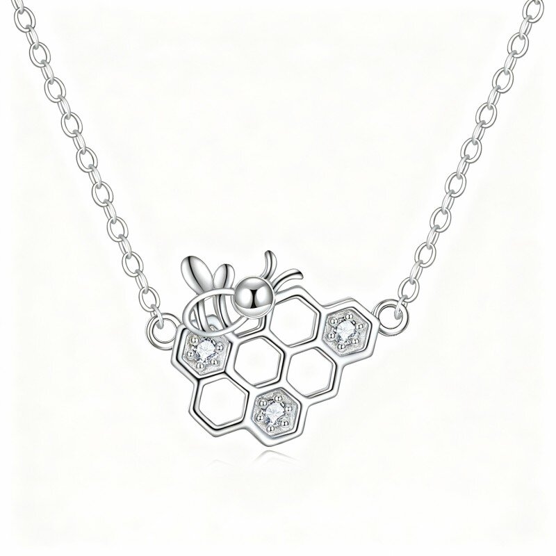 Colar com pendente de abelha e favo de mel em ouro branco 10K com zircónias cúbicas-18