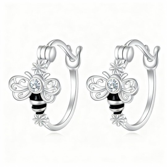 Brincos de argola em forma de abelha com zircónias cúbicas em ouro branco 14K