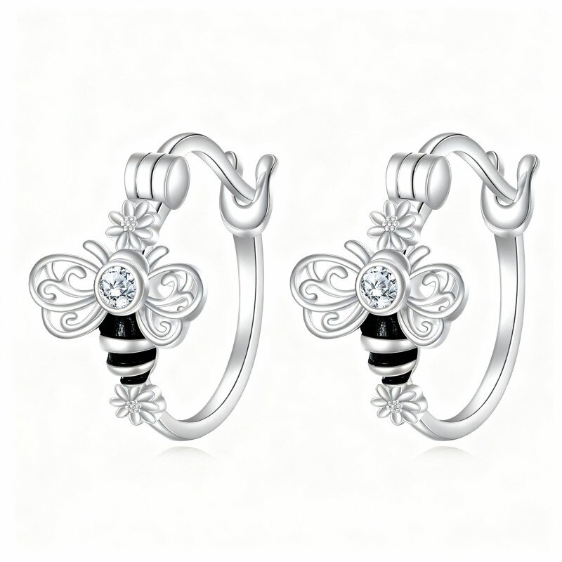 Orecchini a cerchio a forma di ape in oro bianco 10K con zirconi cubici-19