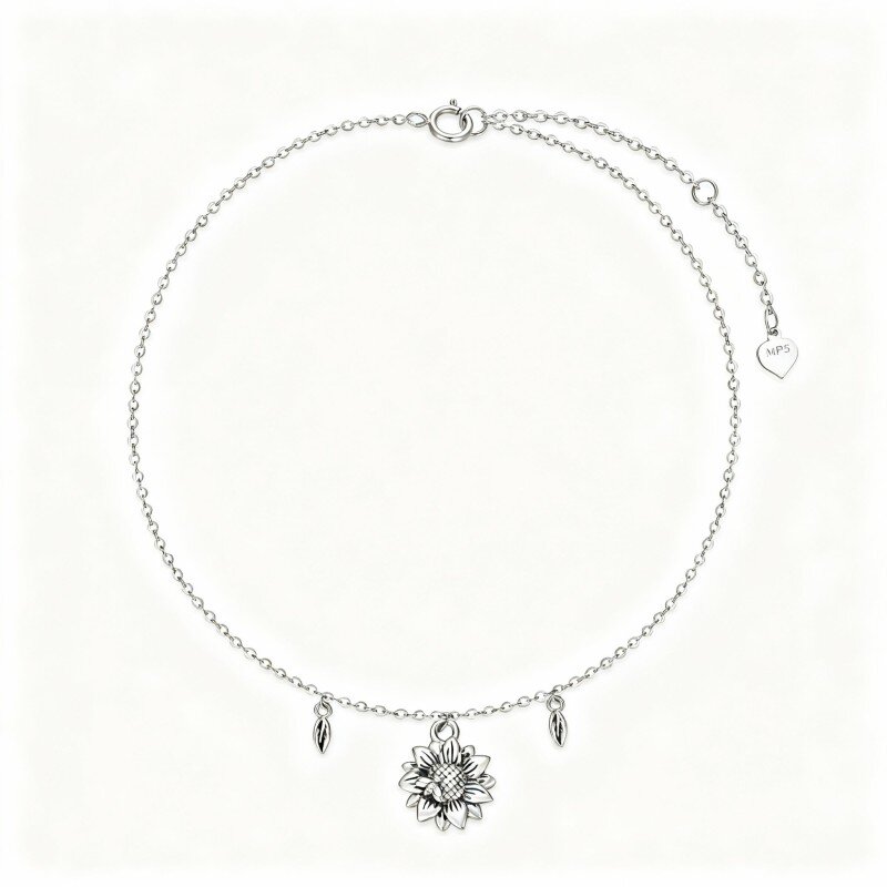 10K White Gold Bee & Leaves & Sunflower Single Layer Charm Anklet-5