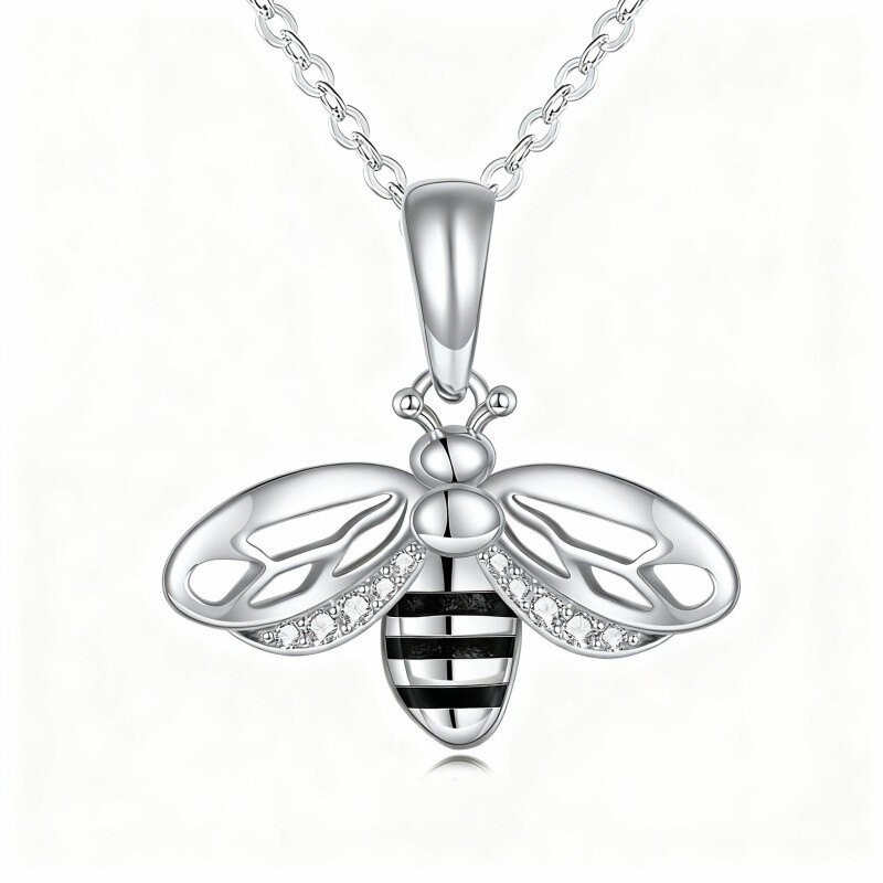 Collier pendentif abeille en platine plaqué or blanc et zircon cubique-1