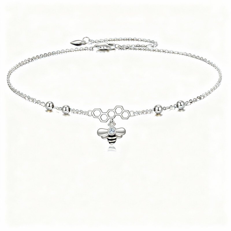 9K White Gold Cubic Zirconia Bee Single Layer Charm Anklet-17