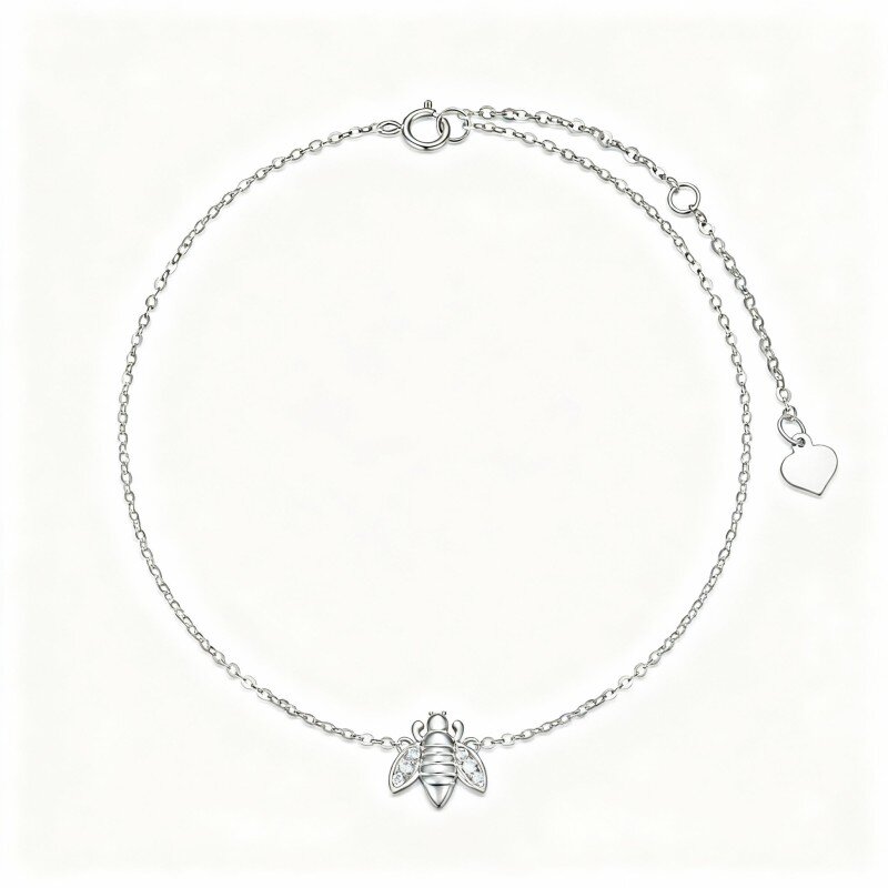 10K White Gold Cubic Zirconia Bee Single Layer Charm Anklet-1