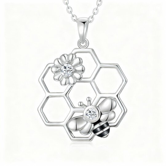 Colar com pendente de abelha e girassol em ouro branco 10K com zircónias cúbicas