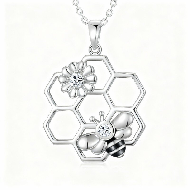 Colar com pendente de abelha e girassol em ouro branco 10K com zircónias cúbicas-9