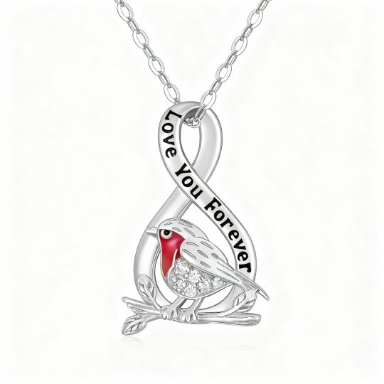 Colar com pendente de pássaro e símbolo do infinito em ouro branco 9K com zircónias cúbicas e palavra gravada.