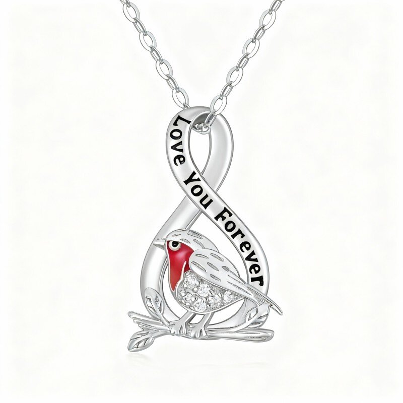 Colar com pendente de pássaro e símbolo do infinito em ouro branco 9K com zircónias cúbicas e palavra gravada.-14