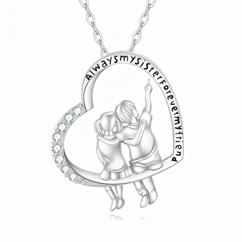 Naszyjnik z platyny z cyrkoniami sześciennymi w kolorze białego złota, brat i siostra z wisiorkiem w kształcie serca i grawerowanym napisem-1