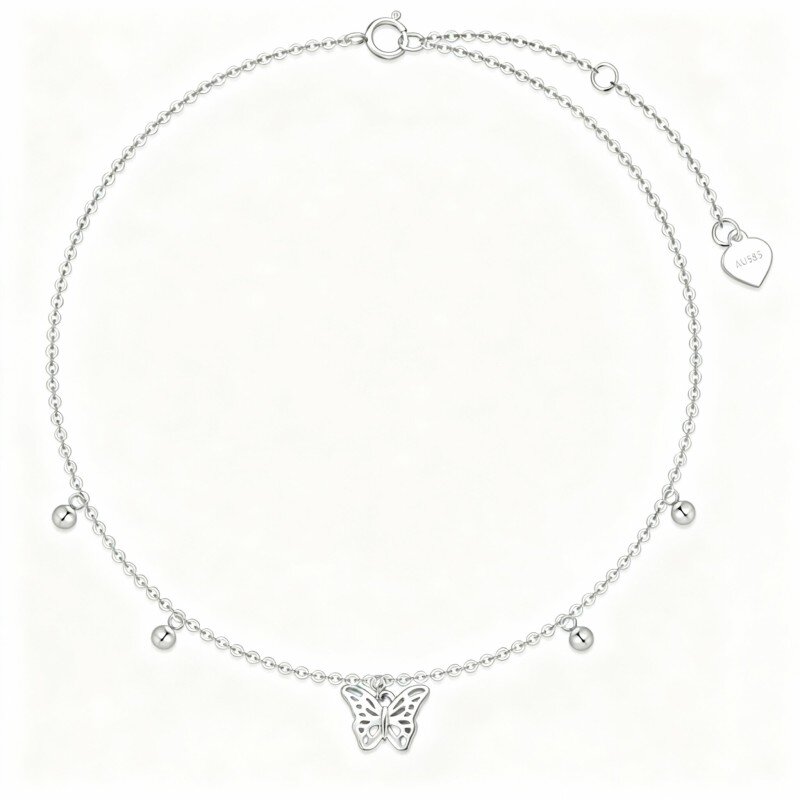 10K White Gold Butterfly & Bead Single Layer Charm Anklet-6