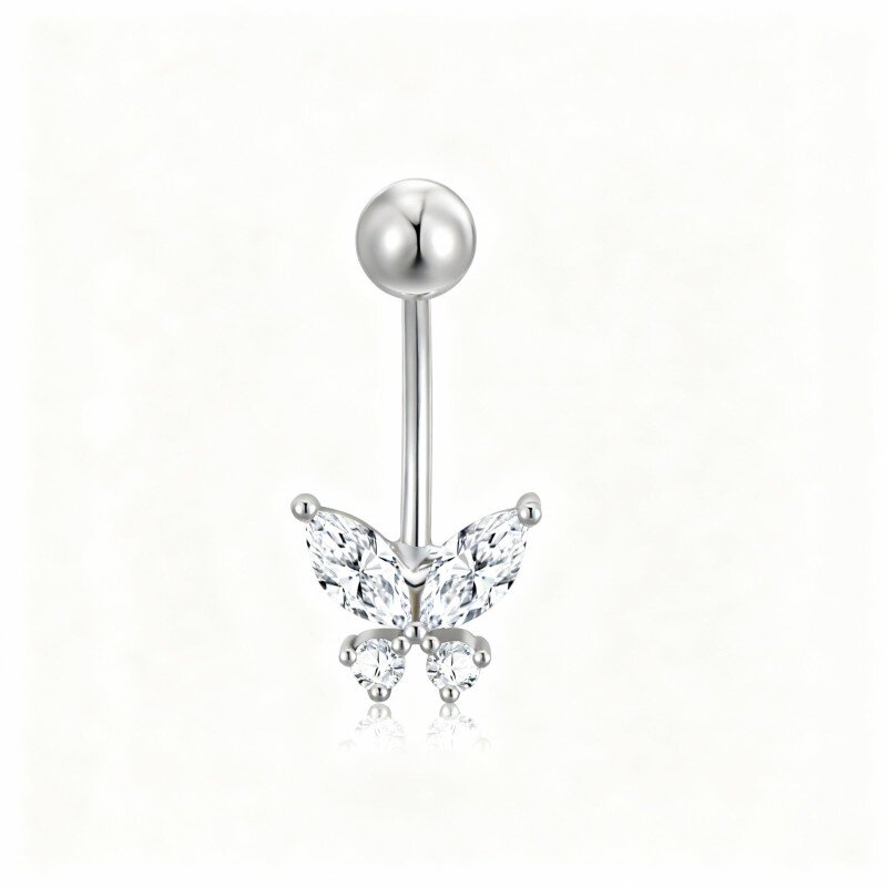 10K White Gold Cubic Zirconia Butterfly Belly Button Ring-16