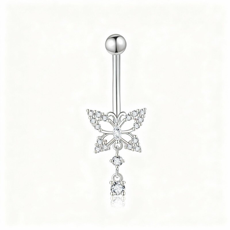 10K White Gold Cubic Zirconia Butterfly Belly Button Ring-5