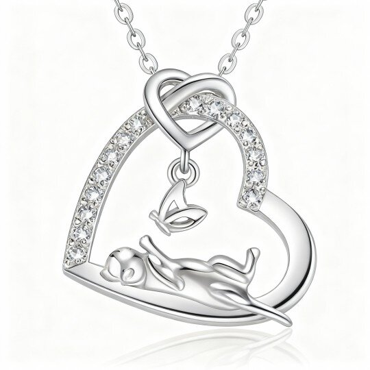 Collier pendentif papillon, chat et cœur en or blanc 10 carats et zirconiums cubiques