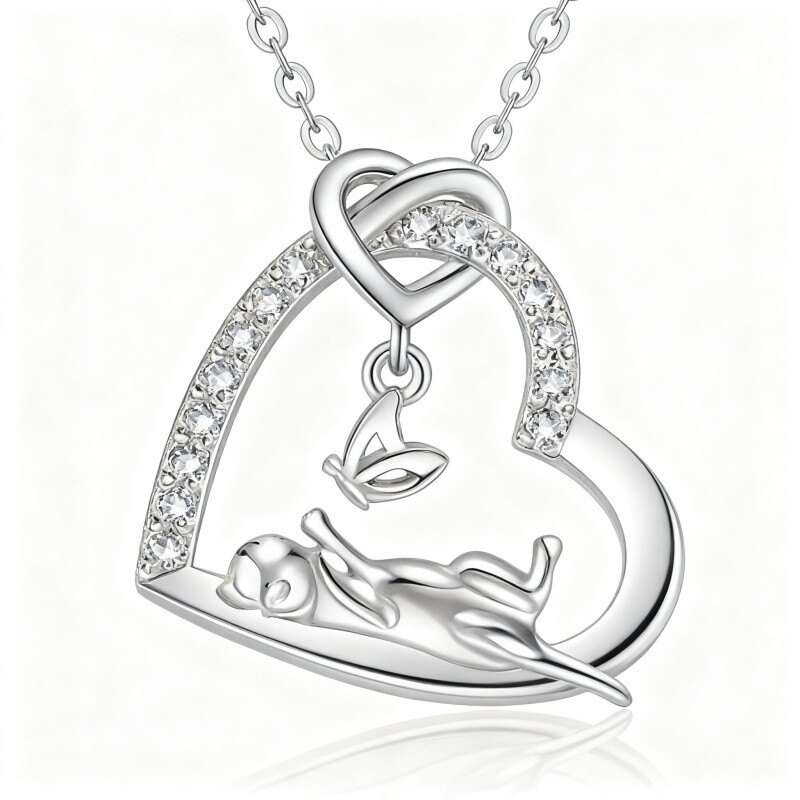 Collier pendentif papillon, chat et cœur en or blanc 10 carats et zirconiums cubiques-1