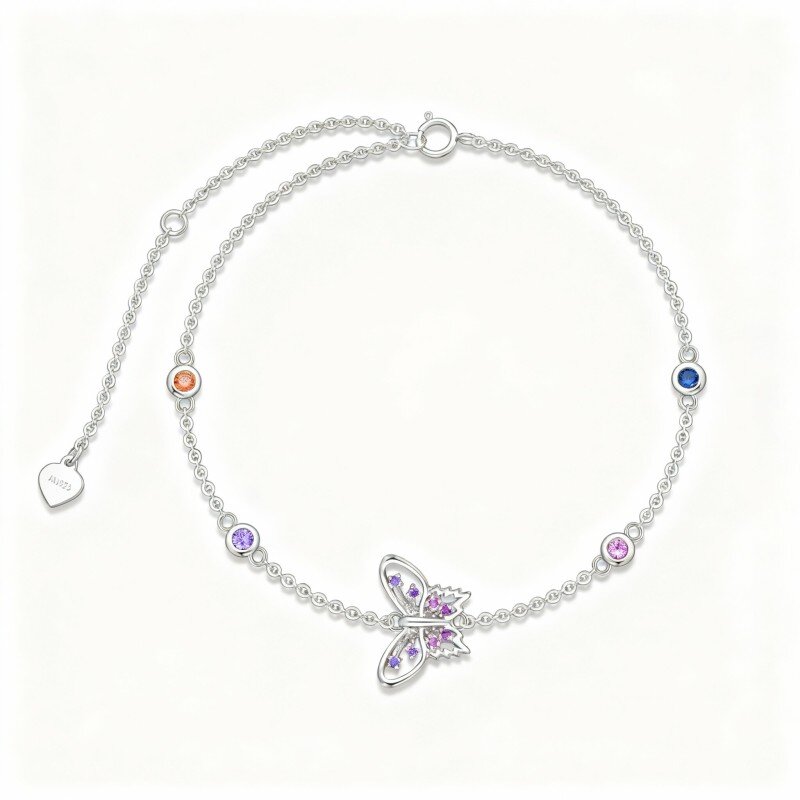 Pulseira com pendente de borboleta em ouro branco 10K e zircónias cúbicas-2