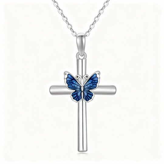 10K White Gold Butterfly & Cross Pendant Necklace