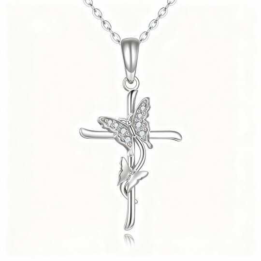 Colar com pendente de borboleta e cruz em ouro branco 10K com zircónias cúbicas
