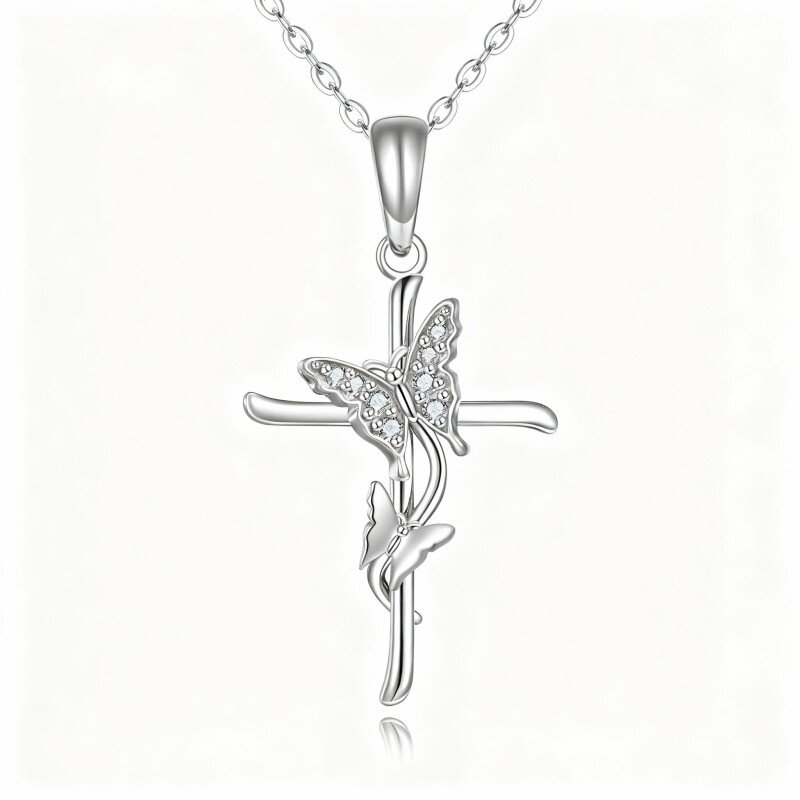 Collana con ciondolo a forma di farfalla e croce in oro bianco 10K con zirconi cubici-14
