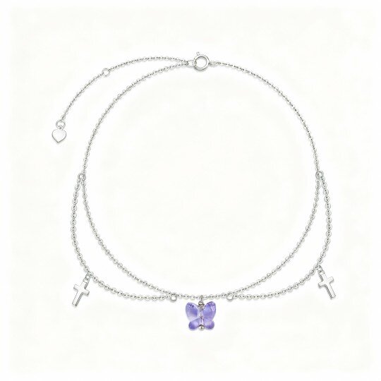 10K White Gold Cubic Zirconia Butterfly & Cross Single Layer Charm Anklet