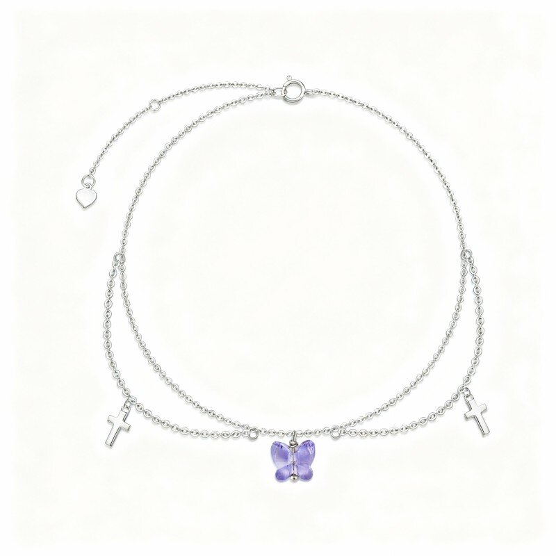10K White Gold Cubic Zirconia Butterfly & Cross Single Layer Charm Anklet-2