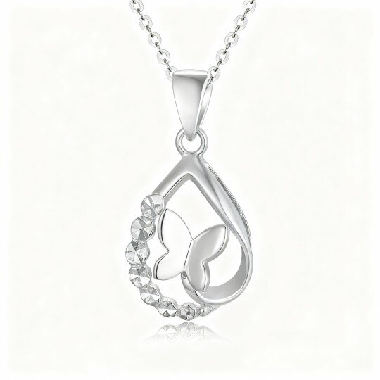 Collier pendentif papillon et goutte en or blanc 10 carats