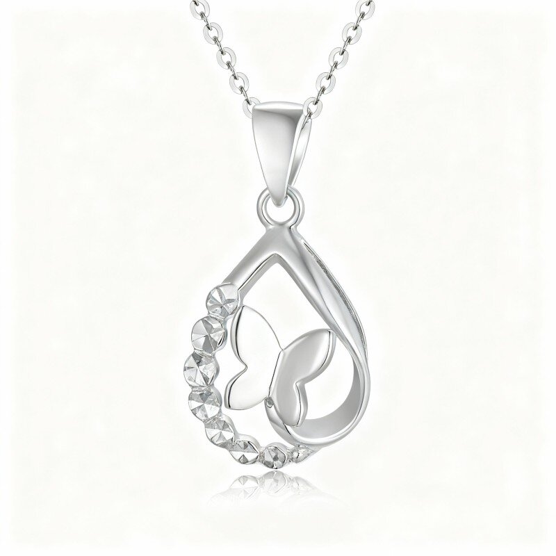 Colar com pendente em forma de borboleta e gota em ouro branco 10K-14