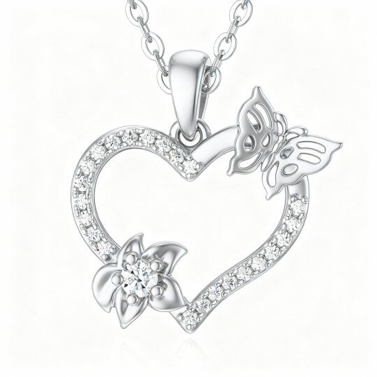 Halskette aus 10-karätigem Weißgold mit Zirkonia-Anhänger in Schmetterlings- und Herzform
