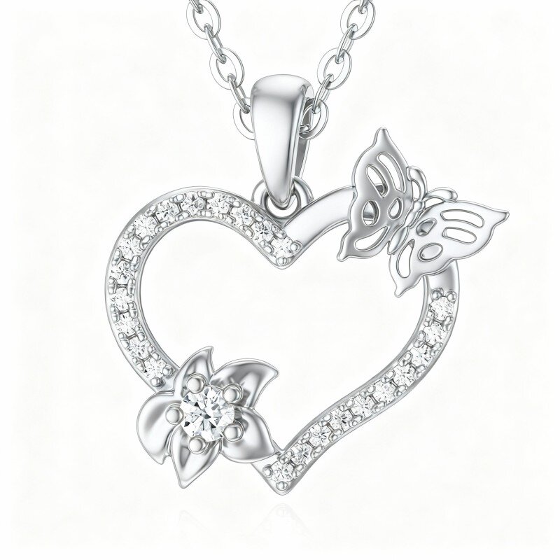 Colar com pendente de borboleta e coração em ouro branco 10K com zircónias cúbicas-8