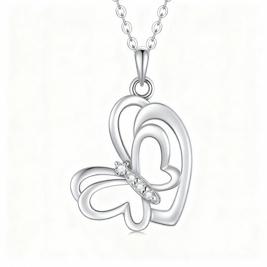 10K White Gold Cubic Zirconia Butterfly & Heart Pendant Necklace