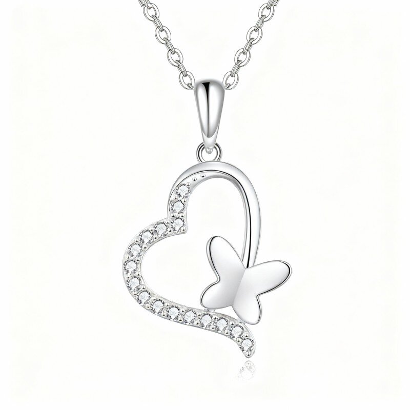 10K White Gold Cubic Zirconia Butterfly & Heart Pendant Necklace-15