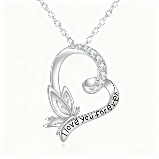 Collier pendentif papillon et cœur en or blanc 10 carats avec zircon cubique et inscription gravée