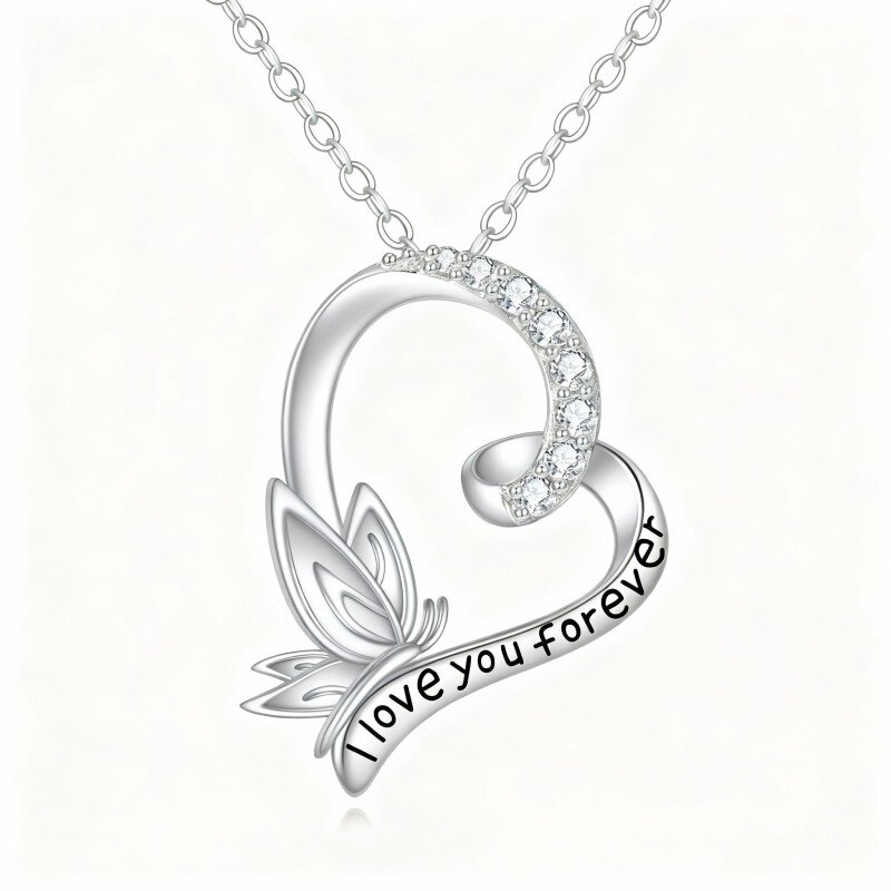 Colar com pendente de borboleta e coração em ouro branco 10K com zircónias cúbicas e palavra gravada.-9