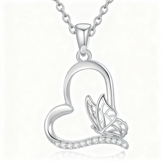 Collier pendentif papillon et cœur en or blanc 10 carats et zirconiums cubiques