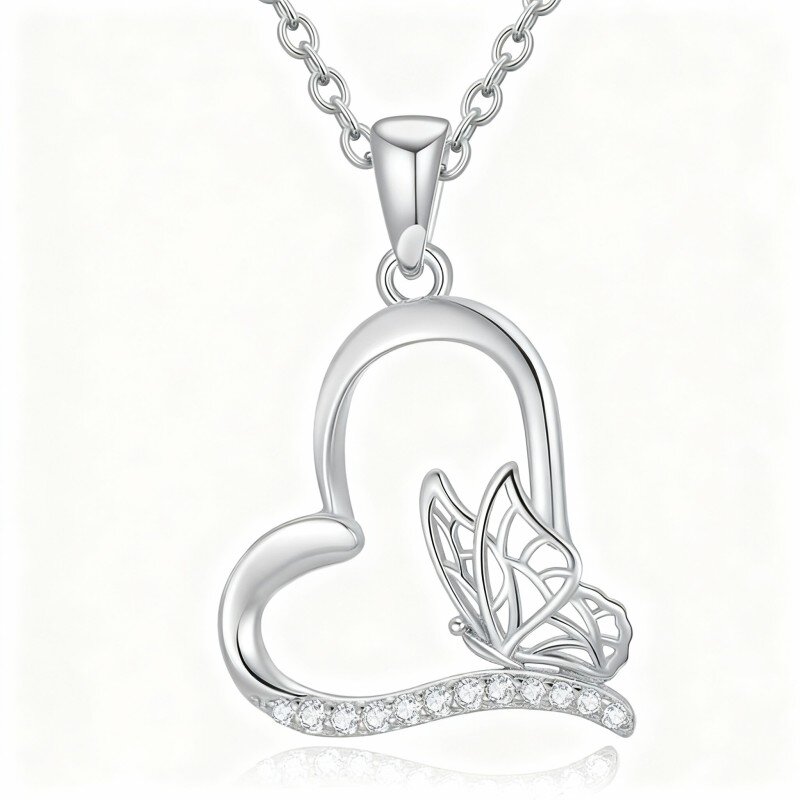 Collar con colgante de mariposa y corazón de oro blanco de 18 quilates con circonitas cúbicas-1