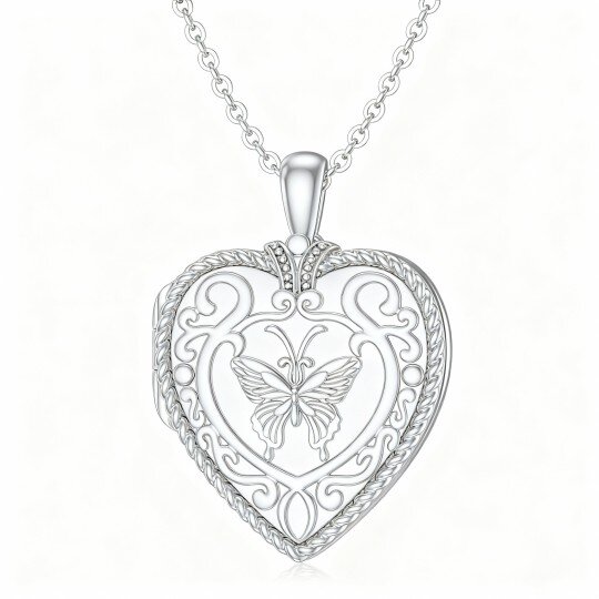 Colar com pendente personalizado em ouro branco 10K com borboleta e coração para foto