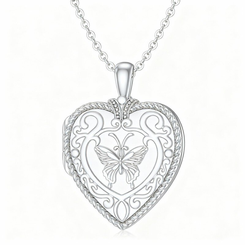 Colar com pendente personalizado em ouro branco 10K com borboleta e coração para foto-1