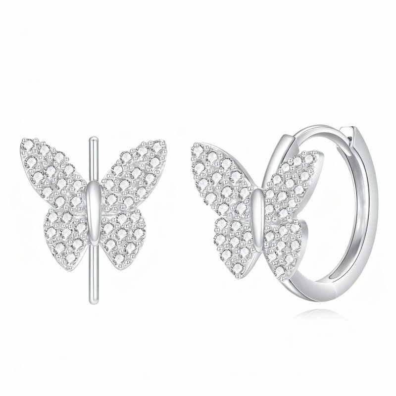 10K White Gold Cubic Zirconia Butterfly Hoop Earrings-2