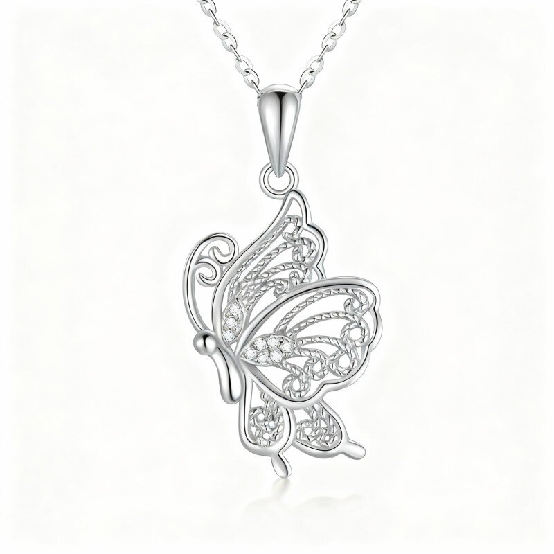 10K White Gold Cubic Zirconia Butterfly Pendant Necklace-13