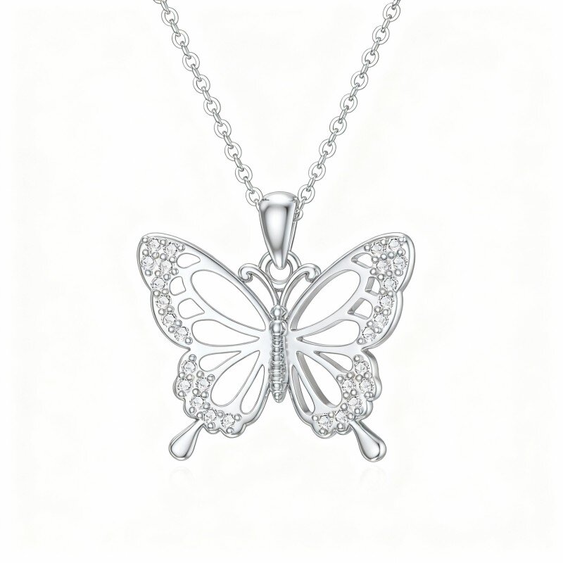 Collar con colgante de mariposa de oro blanco de 10 quilates y circonitas cúbicas-15