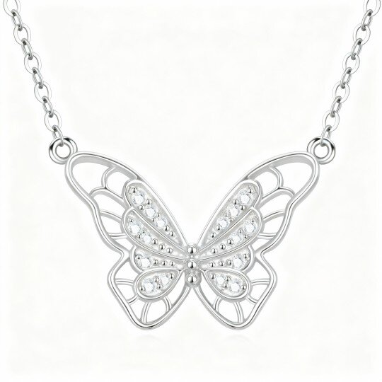 9K White Gold Cubic Zirconia Butterfly Pendant Necklace