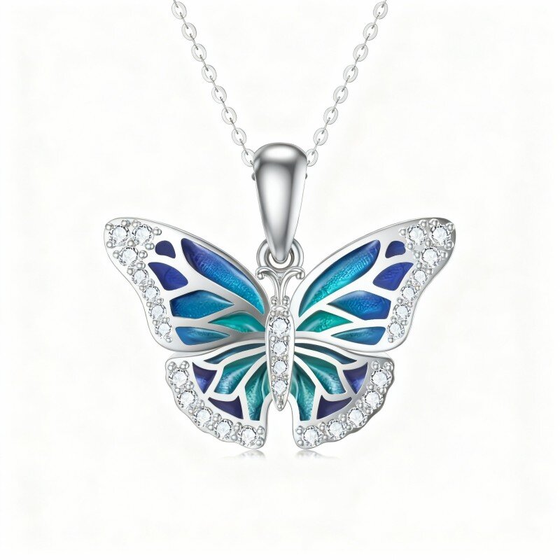 10K White Gold Cubic Zirconia Butterfly Pendant Necklace-10