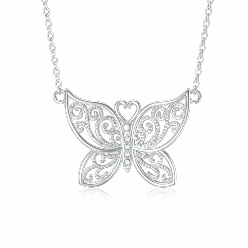 10K White Gold Cubic Zirconia Butterfly Pendant Necklace-14
