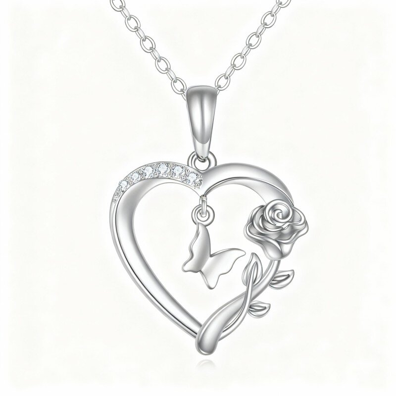 10K White Gold Cubic Zirconia Butterfly & Rose & Heart Pendant Necklace-19