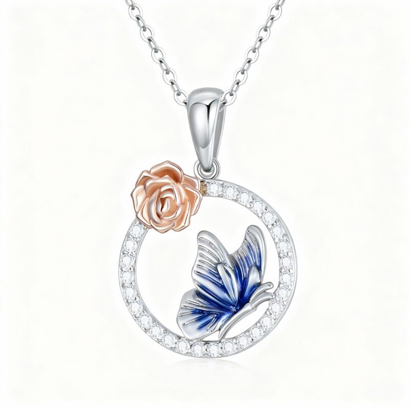 10K White Gold Cubic Zirconia Butterfly & Rose Pendant Necklace-19