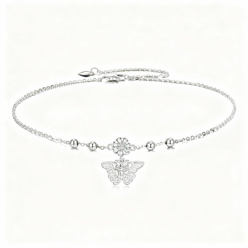 9K White Gold Butterfly Single Layer Charm Anklet-5