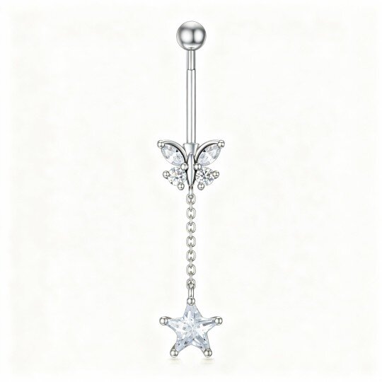 10K White Gold Cubic Zirconia Butterfly & Star Belly Button Ring