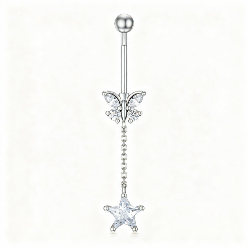 10K White Gold Cubic Zirconia Butterfly & Star Belly Button Ring-14