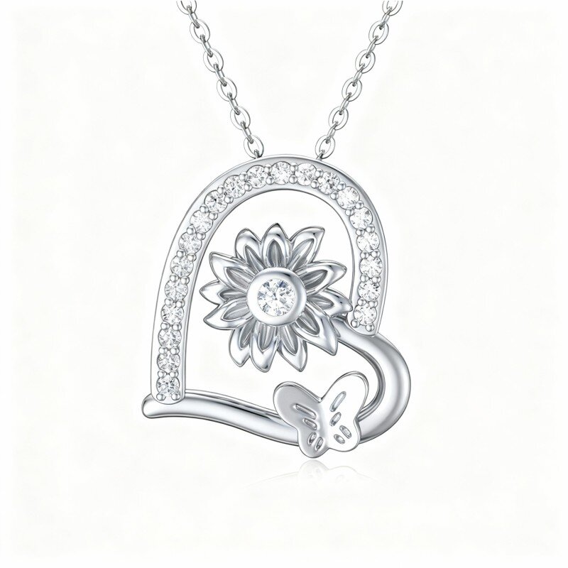 10K witgouden ketting met kubieke zirkonia, vlinder, zonnebloem en harthanger-18